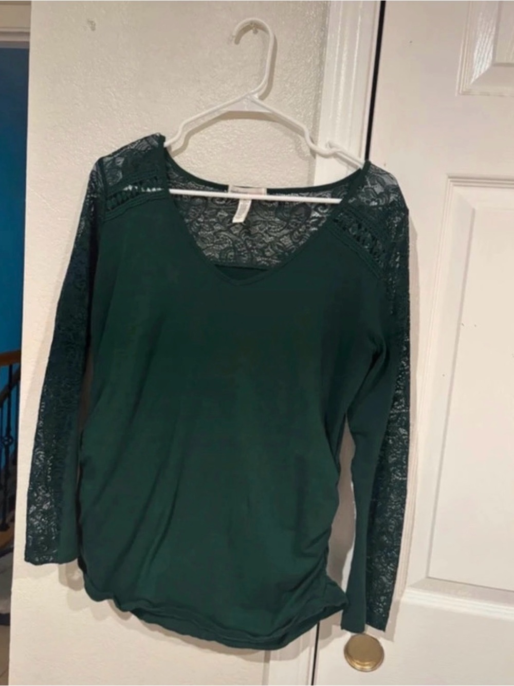 Ambiance Deep Green Lace-Sleeve V-Neck Top